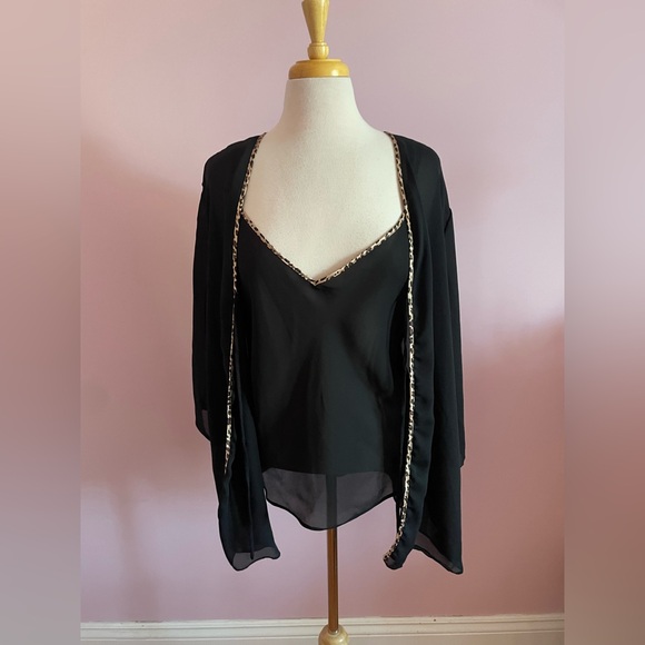 Black Sheer Robe and Babydoll with Leopard Trim - Picture 1 of 15